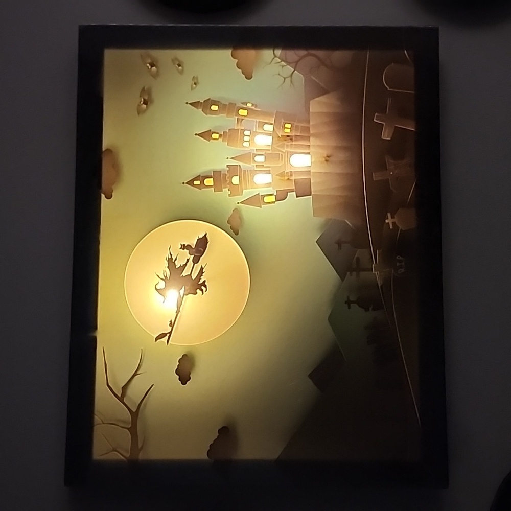 Lighted Halloween Wall Art Canvas.Witch over the full moon graveyard, and castle